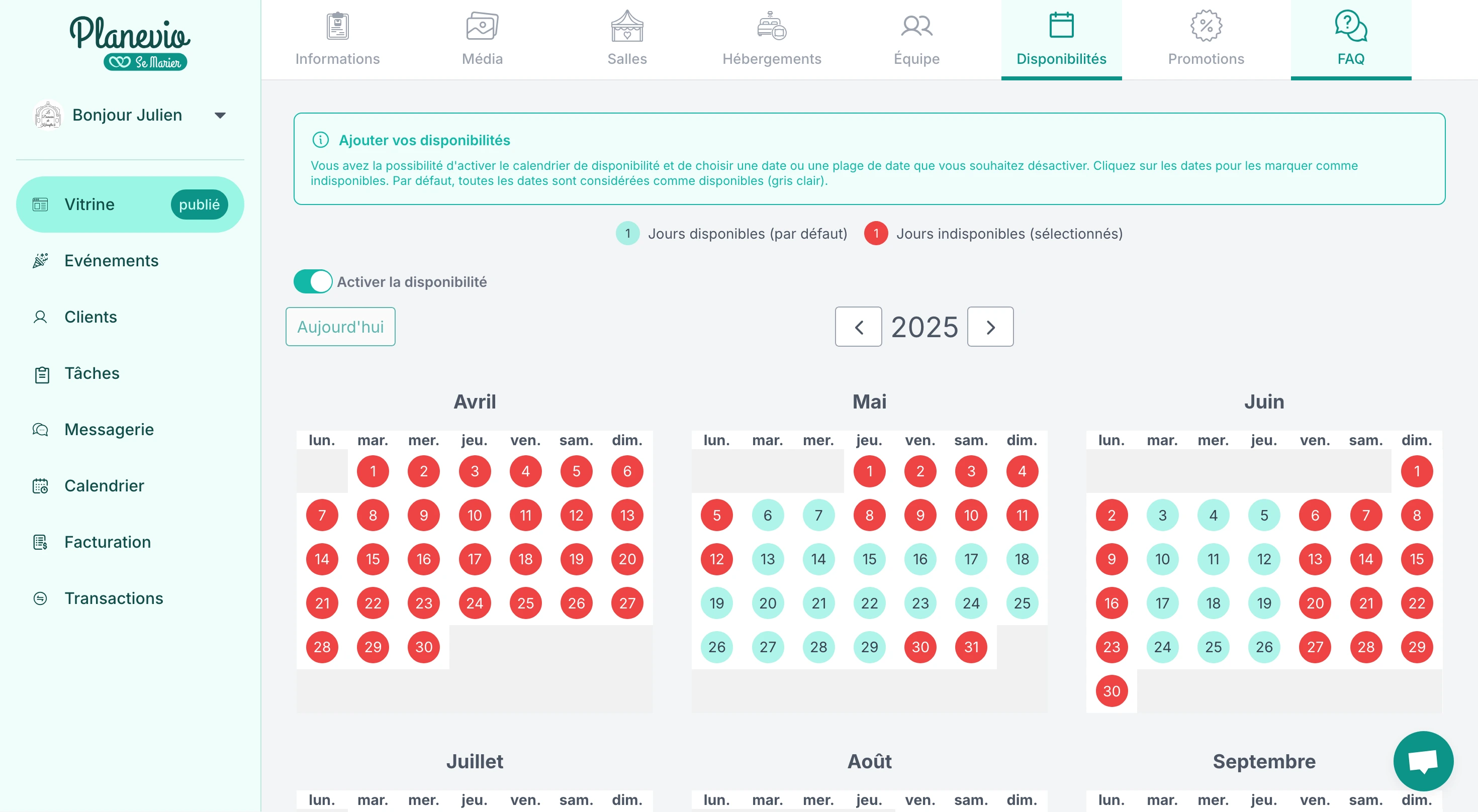 Disponibilités et agenda